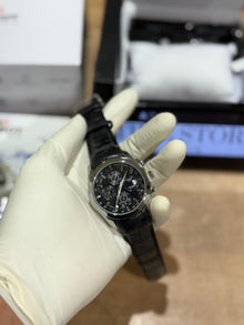 Silver Black Dial Leather Strap Chronograph