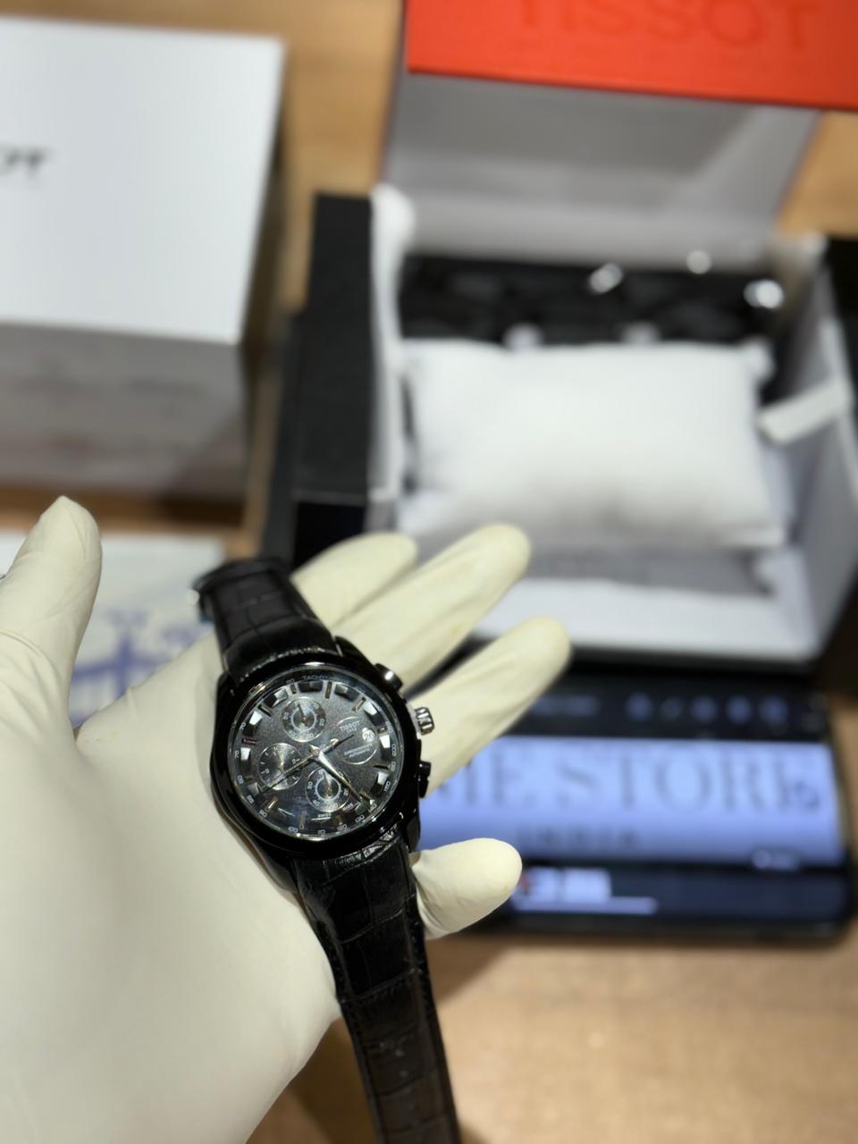 Silver Black Dial Leather Strap Chronograph