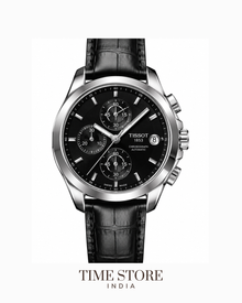Silver Black Dial Leather Strap Chronograph