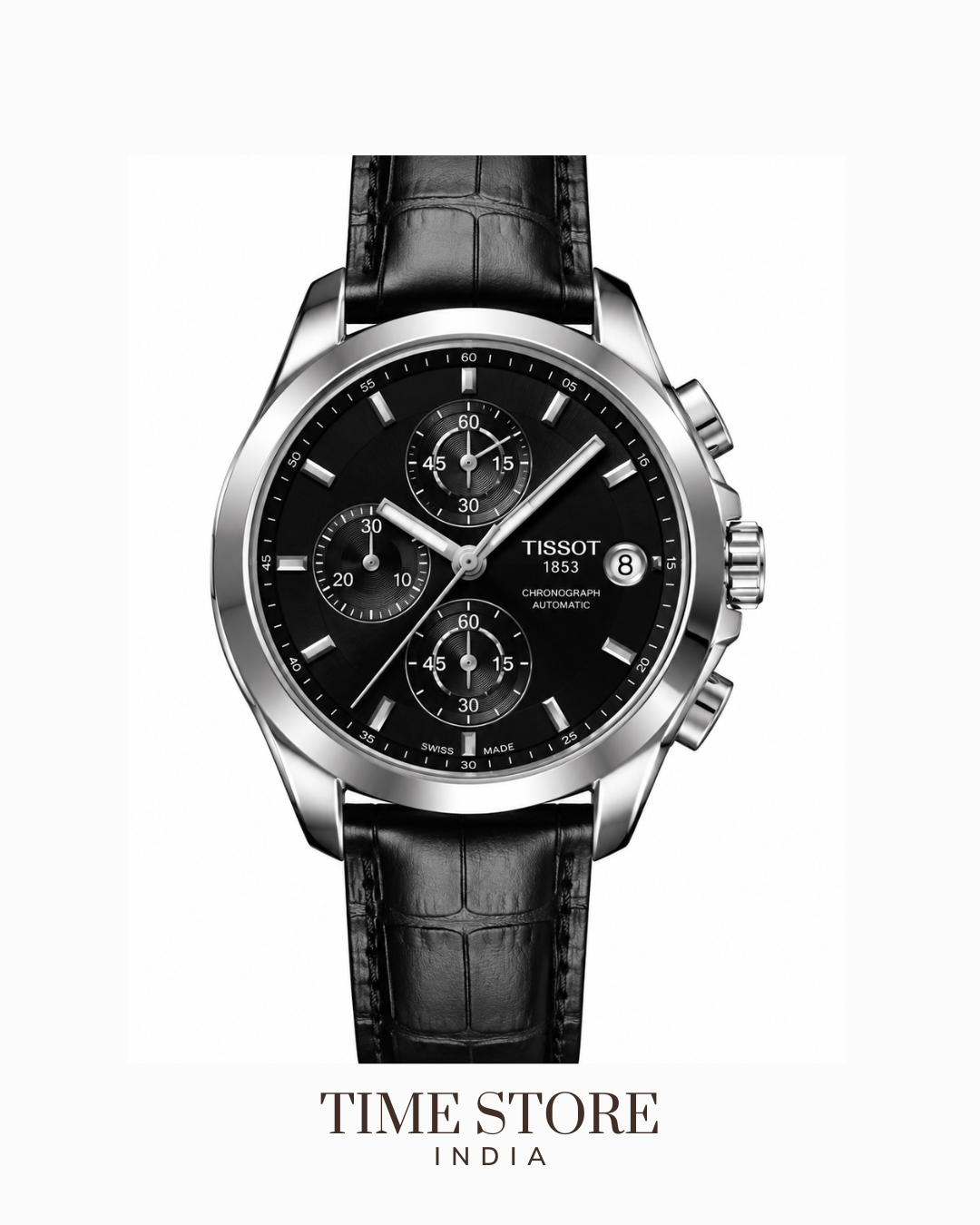 Silver Black Dial Leather Strap Chronograph