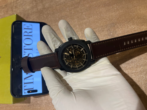 Black Skeleton Brown Leather Strap