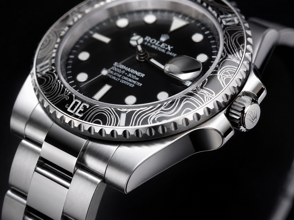 ROLXE Submariner Watch, Silver-Tone Stainless Steel Bracelet, Date Display, Rotating Bezel