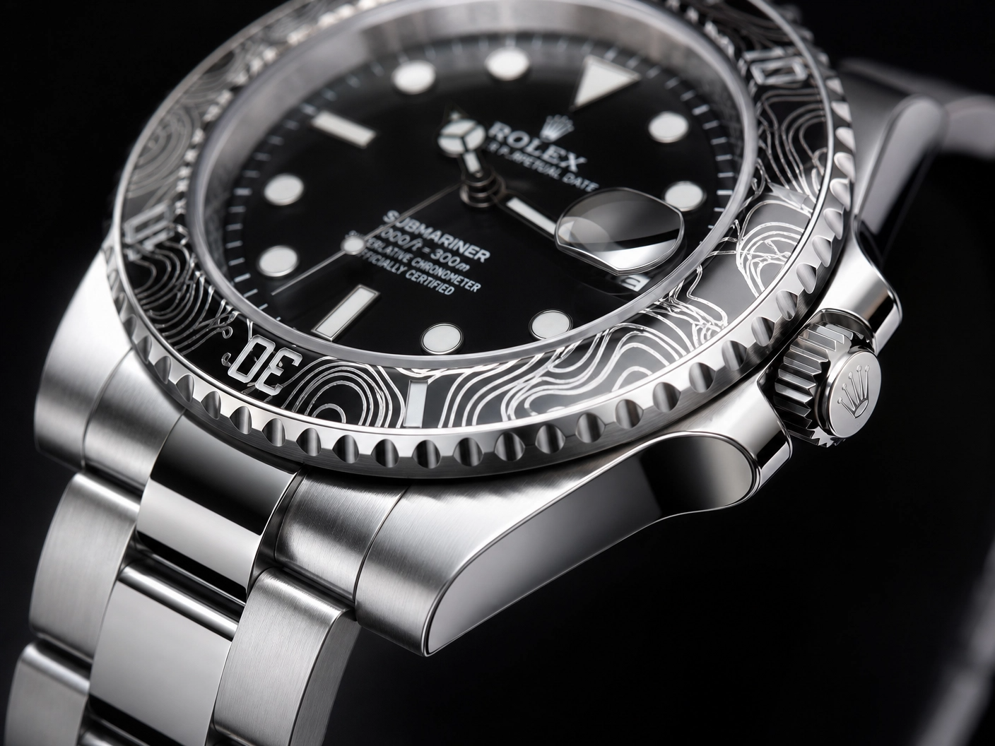ROLXE Submariner Watch, Silver-Tone Stainless Steel Bracelet, Date Display, Rotating Bezel