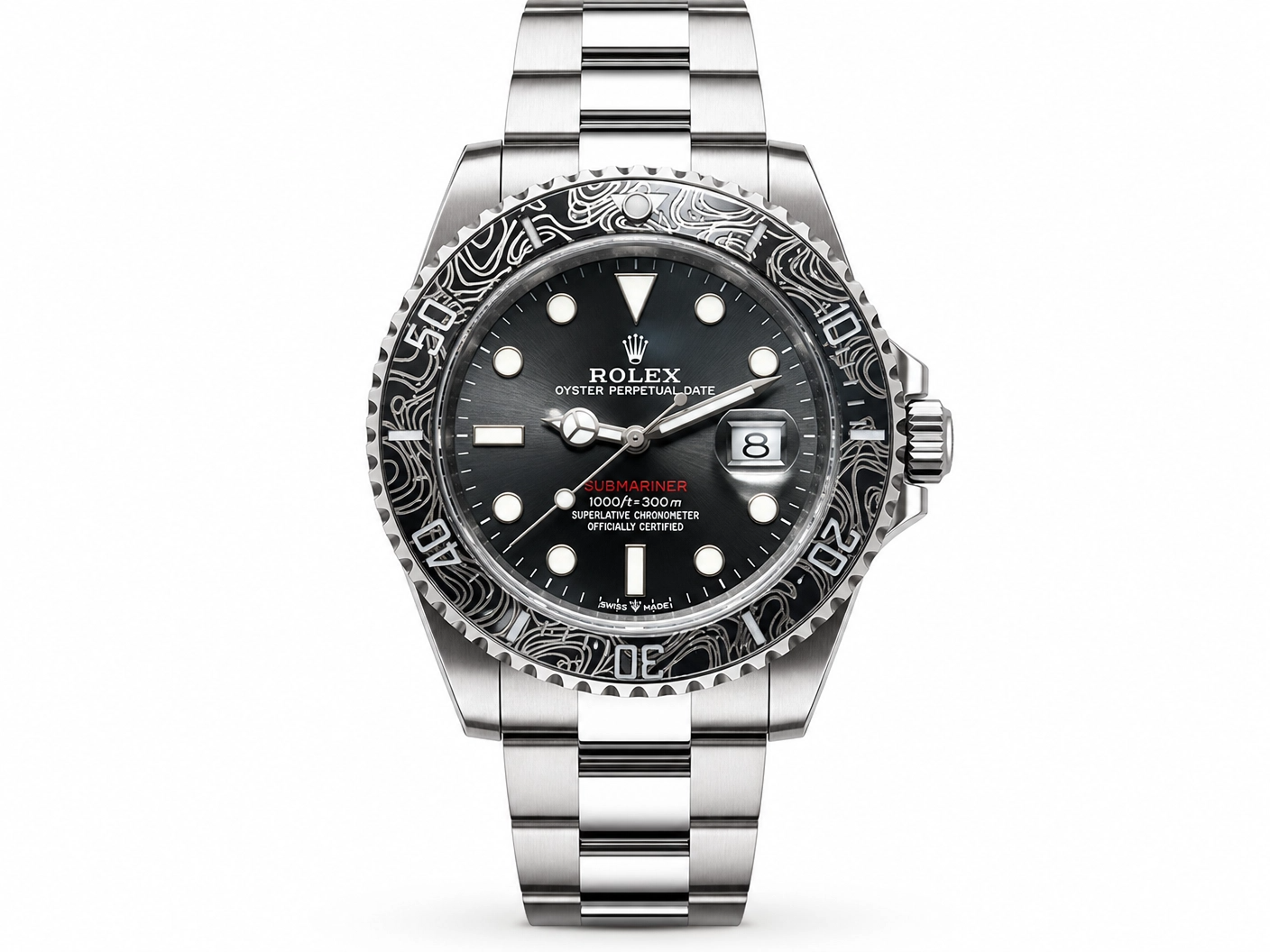 ROLXE Submariner Watch, Silver-Tone Stainless Steel Bracelet, Date Display, Rotating Bezel