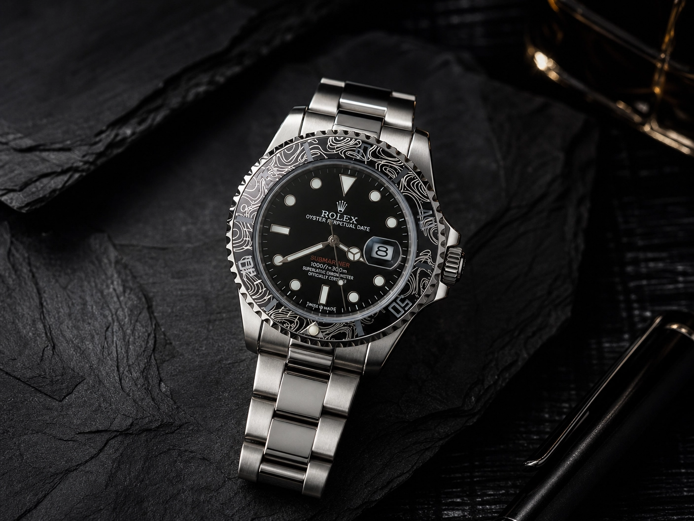 ROLXE Submariner Watch, Silver-Tone Stainless Steel Bracelet, Date Display, Rotating Bezel