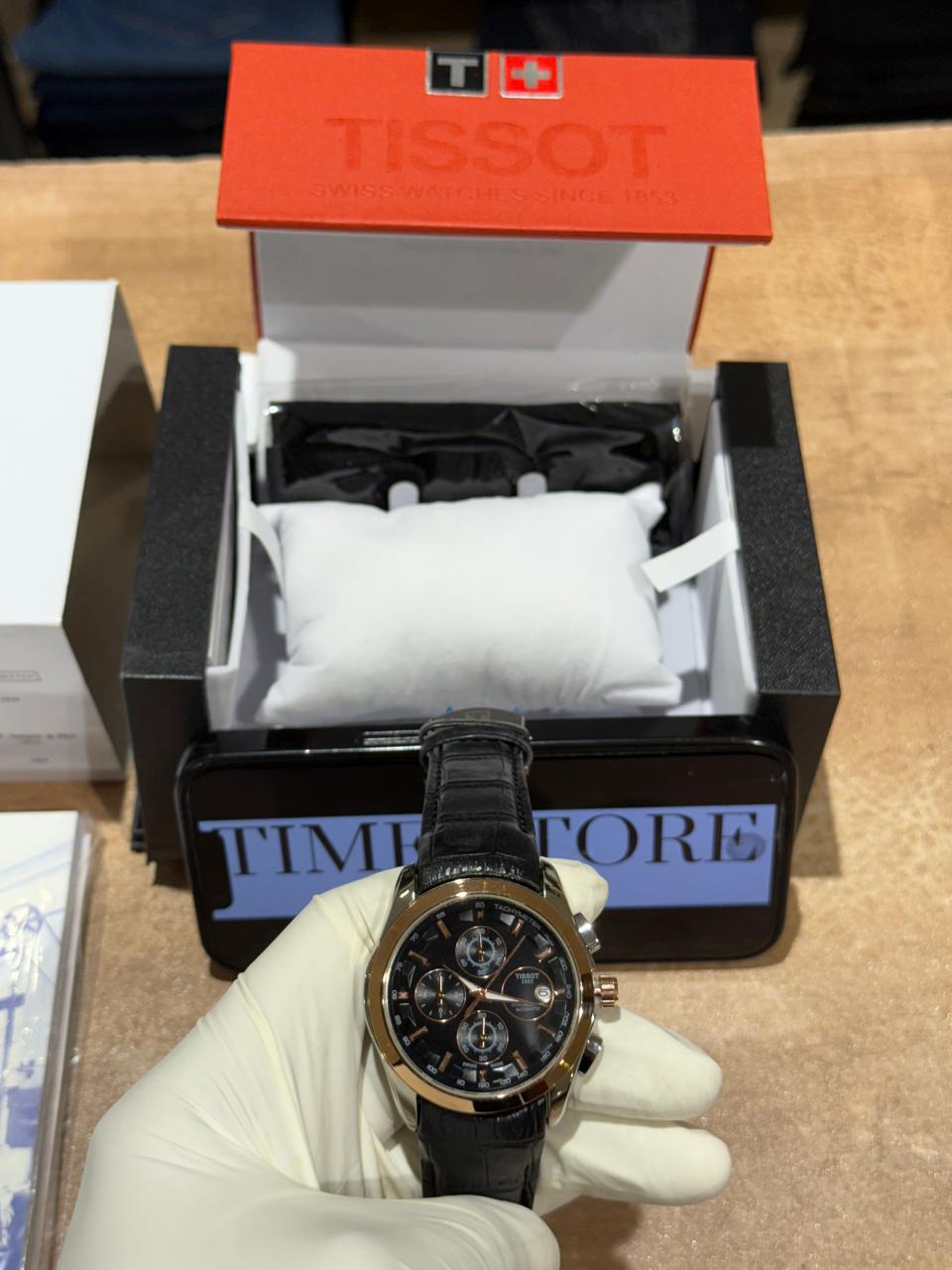 Silver Black Dial Leather Strap Chronograph