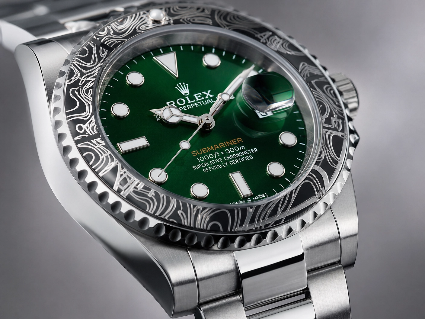 ROLXE Submariner Watch, Silver-Tone Stainless Steel Bracelet, Date Display, Rotating Bezel