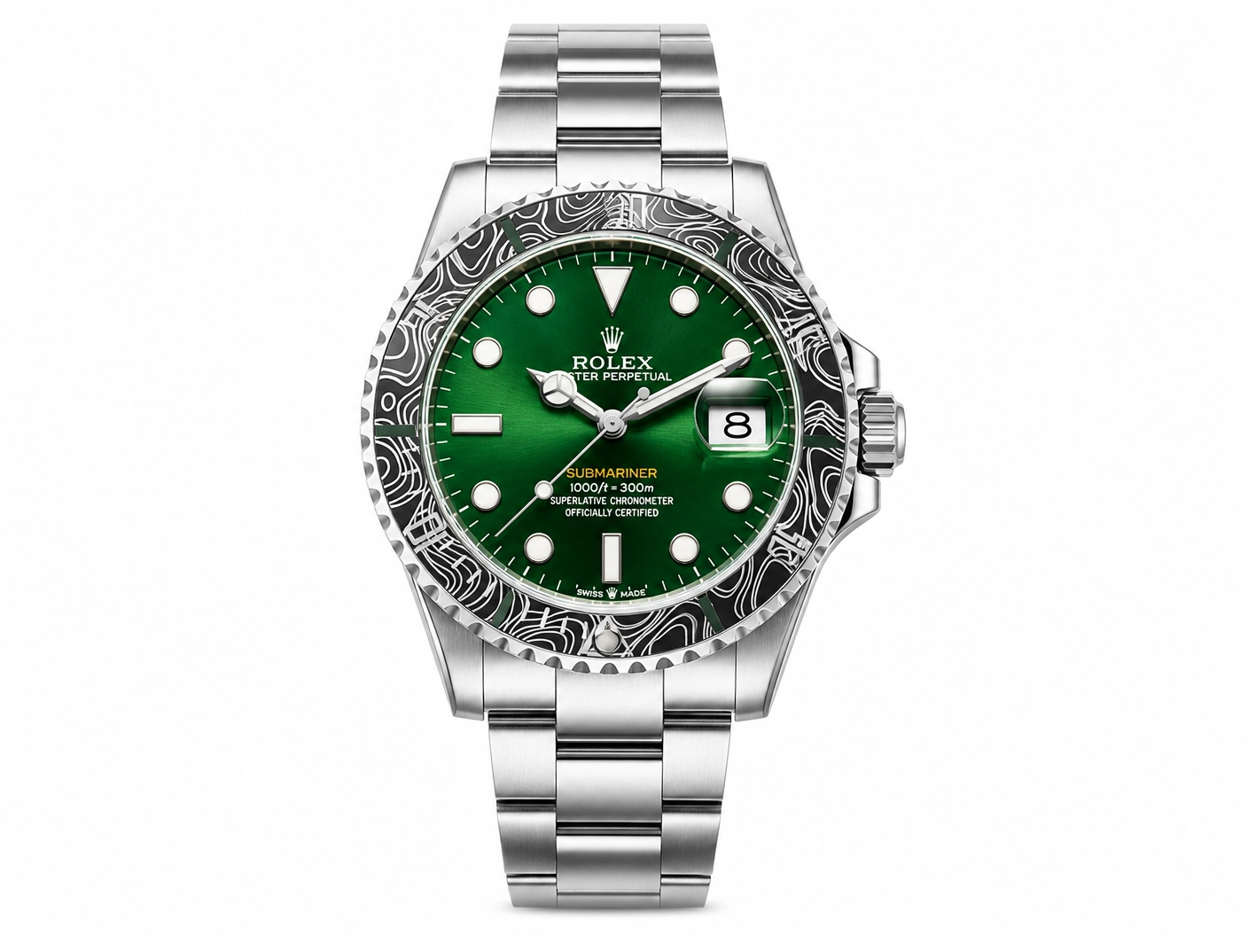 ROLXE Submariner Watch, Silver-Tone Stainless Steel Bracelet, Date Display, Rotating Bezel