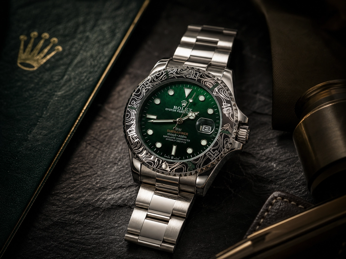 ROLXE Submariner Watch, Silver-Tone Stainless Steel Bracelet, Date Display, Rotating Bezel