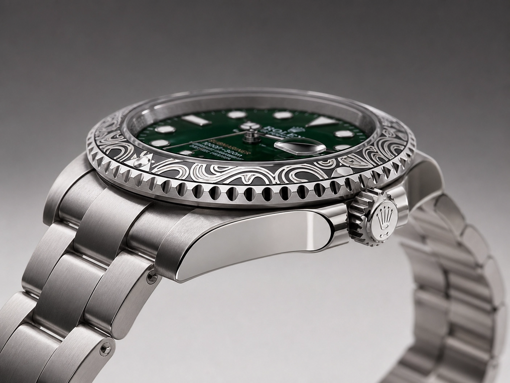 ROLXE Submariner Watch, Silver-Tone Stainless Steel Bracelet, Date Display, Rotating Bezel