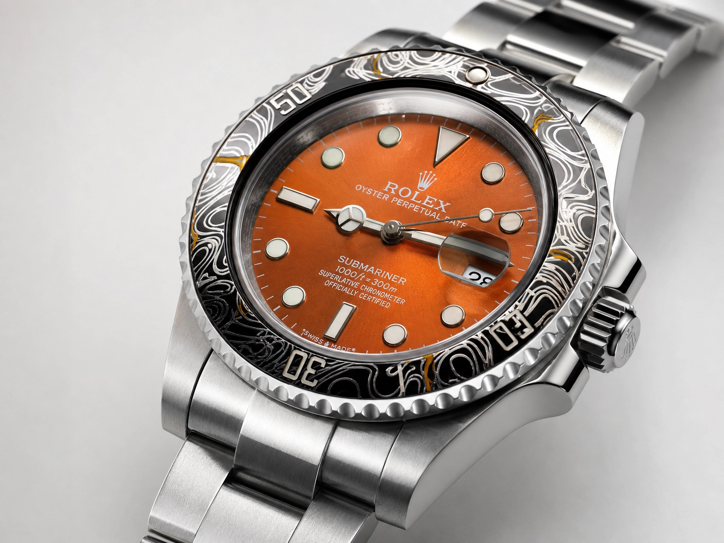 ROLXE Submariner Watch, Silver-Tone Stainless Steel Bracelet, Date Display, Rotating Bezel