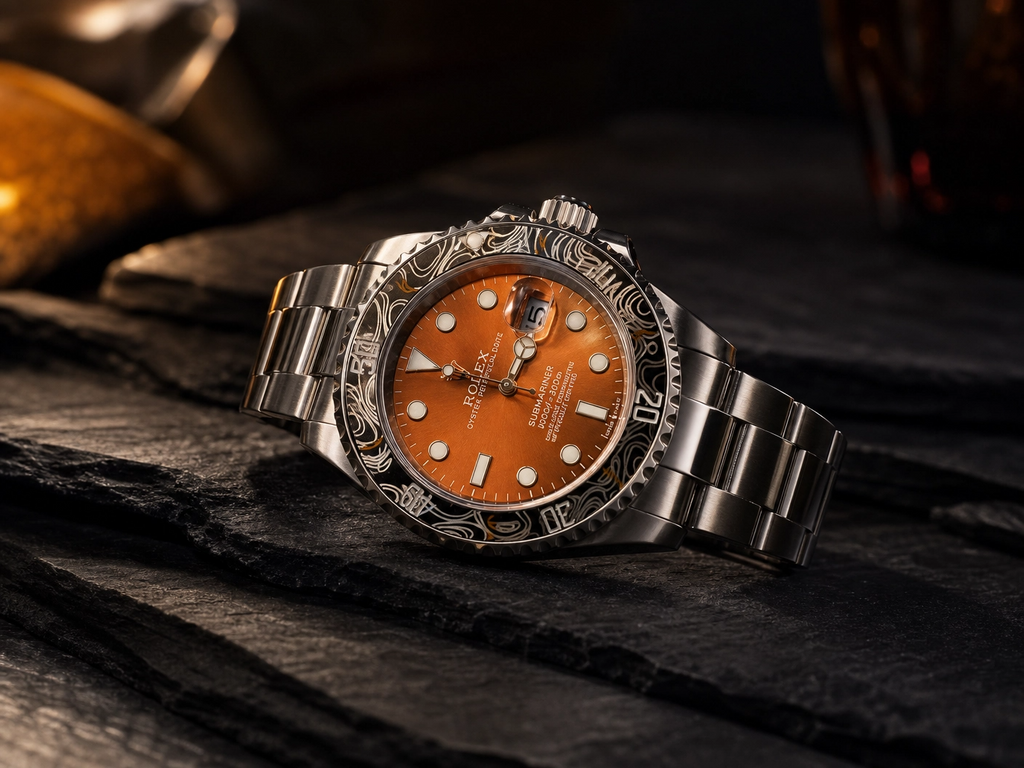 ROLXE Submariner Watch, Silver-Tone Stainless Steel Bracelet, Date Display, Rotating Bezel