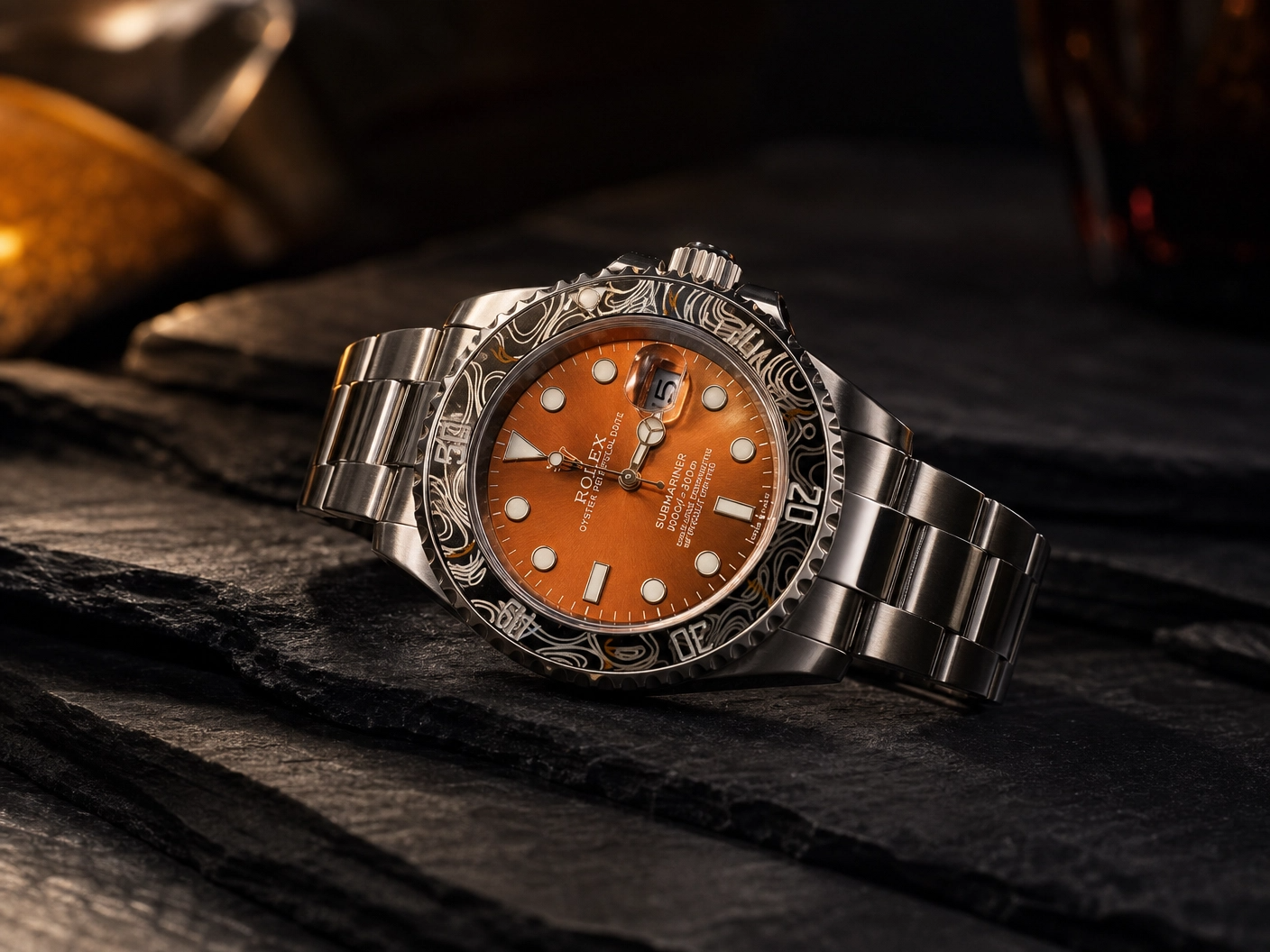 ROLXE Submariner Watch, Silver-Tone Stainless Steel Bracelet, Date Display, Rotating Bezel