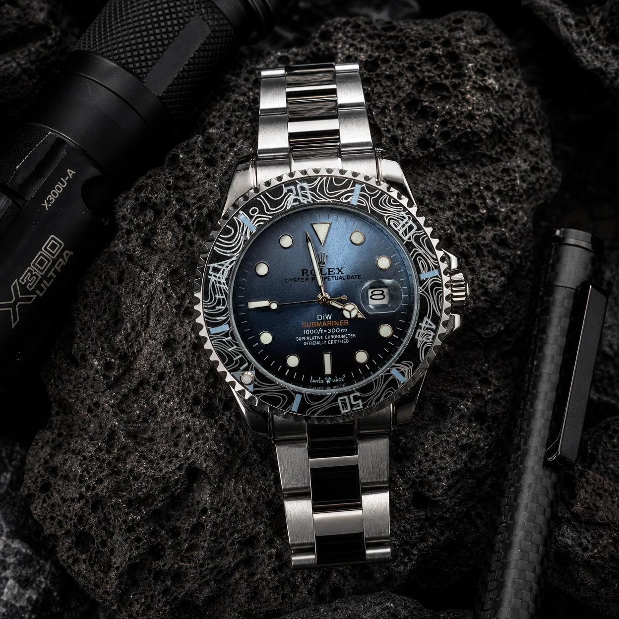 ROLXE Submariner Watch, Silver-Tone Stainless Steel Bracelet, Date Display, Rotating Bezel