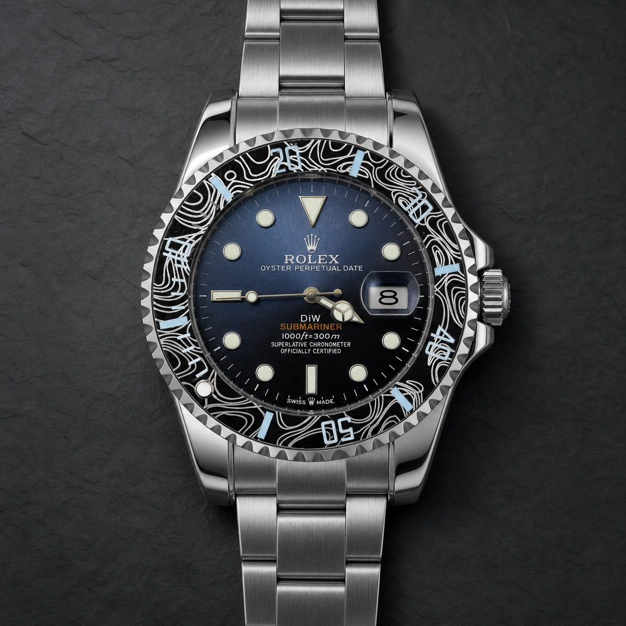 ROLXE Submariner Watch, Silver-Tone Stainless Steel Bracelet, Date Display, Rotating Bezel