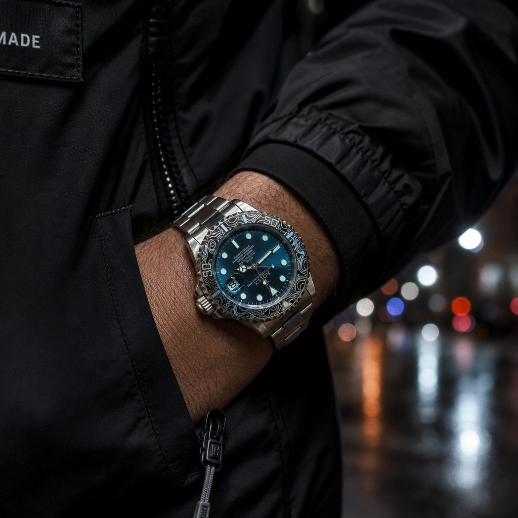 ROLXE Submariner Watch, Silver-Tone Stainless Steel Bracelet, Date Display, Rotating Bezel
